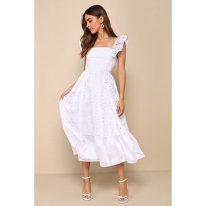 Lulus Gorgeous Memory White Eyelet Backless Ruffled Midi Dress - Size M